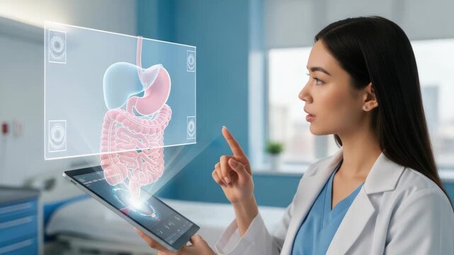 Doctor analyzes hologram of the digestive system using a tablet in a modern hospital room