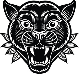 Classic panther head tattoo vector with rose accent