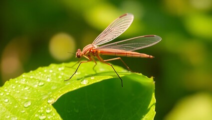 Fototapeta premium Graceful Crane Fly Resting on a Vibrant Green Leaf