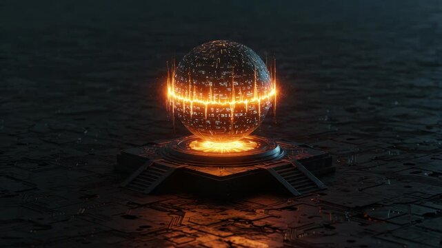 Futuristic technology core with glowing energy fields on a circuit board platform