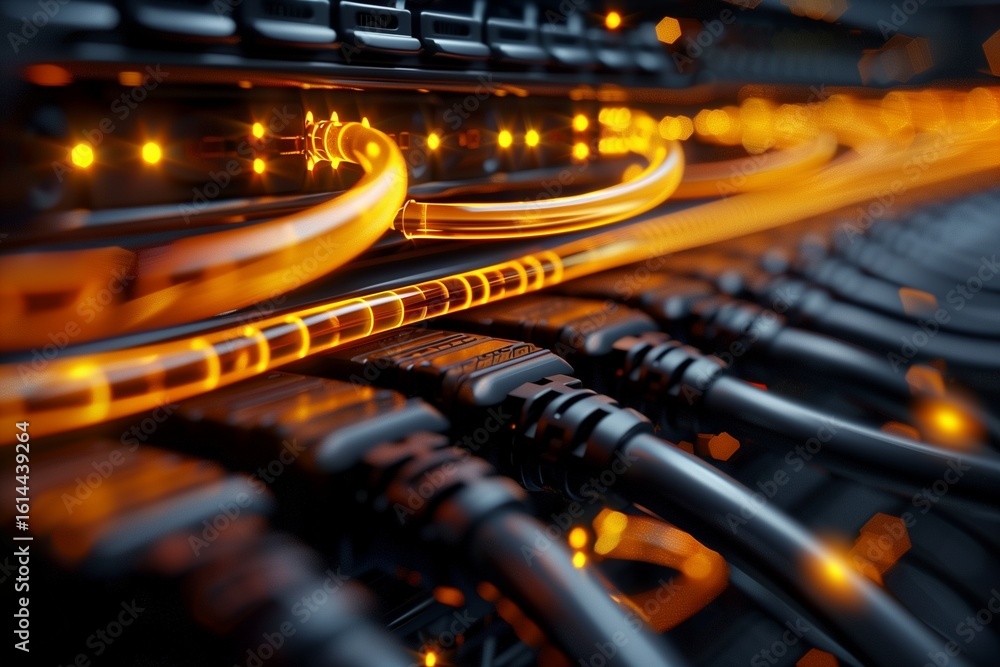 Poster illuminated network cables in a data center reflecting high-speed modern connectivity