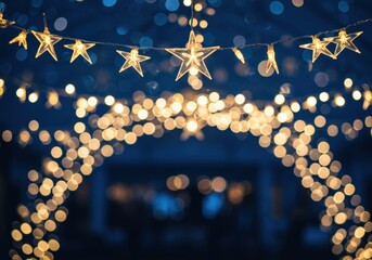 Magical night scene with star-shaped lights creating a beautiful bokeh effect