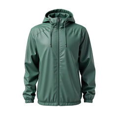 Green waterproof jacket with a hood.