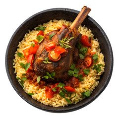 Fototapeta premium Braised Lamb Shank With Rice And Tomatoes isolated on a transparent background parsley