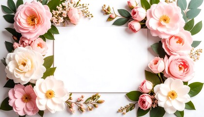 Blank white card framed by pastel pink and white roses and greenery on a white background
