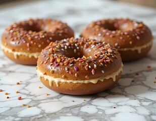 Three Donut on marble texture table background 