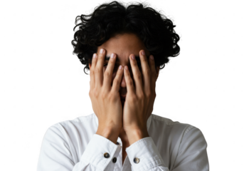 Person covering face with hands isolated on transparent background
