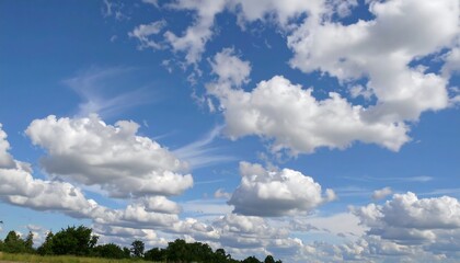 Expansive blue sky featuring fluffy white cumulus clouds, a tranquil and scenic panorama of