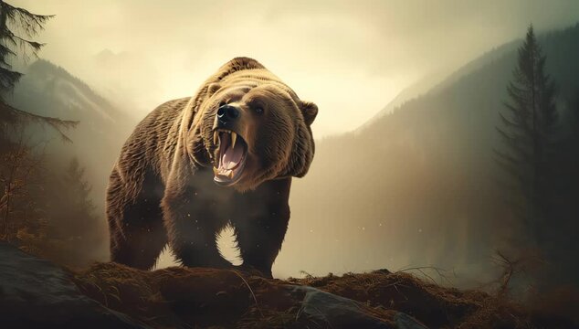 Roaring brown bear with sharp teeth in misty forest mountain landscape showing powerful wild animal fur and natural habitat ground