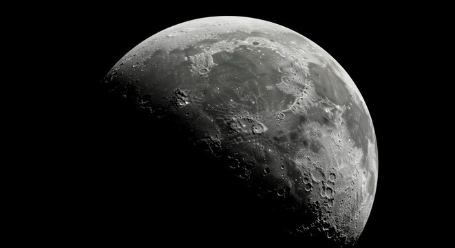 Half-lit lunar surface, detailed craters and highlands visible against a black backdrop