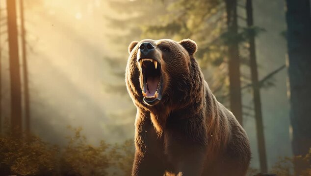 Roaring brown bear in forest wildlife with sunlight streaming through trees, powerful wild animal nature predator in natural environment outdoors