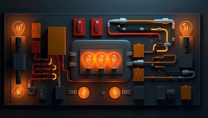 Electric circuit board with glowing light bulbs and connected wires showing technology and energy flow and warm orange illumination in dark setting - Powered by Adobe