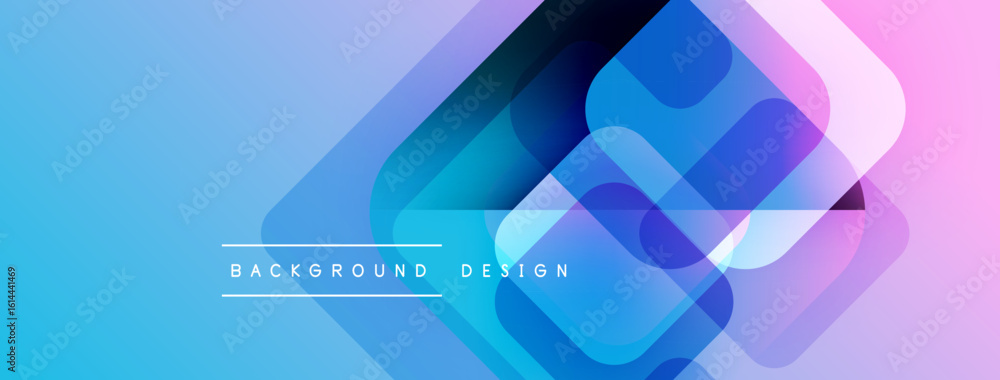 Poster abstract geometric shapes overlap, creating vibrant blue, pink gradients. modern design elements sug
