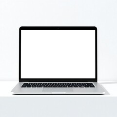 Modern silver laptop with blank white screen on a white surface