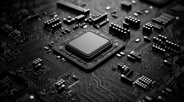 Microchip on black circuit board with electronic components and intricate connections showcasing advanced technology close up view precision design