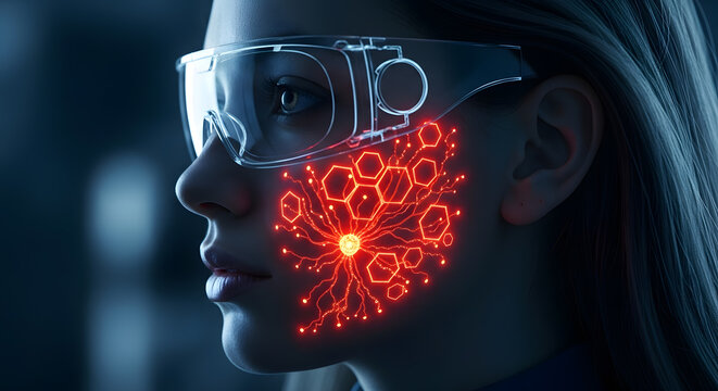 Woman with futuristic face overlay