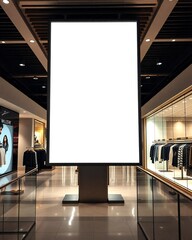 Modern retail store interior with blank digital advertising screen and clothing displays