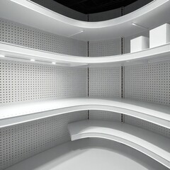 Modern white curved shelving unit with integrated lighting and pegboard backing
