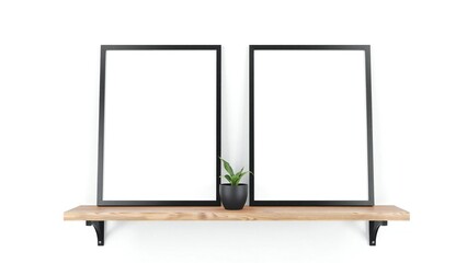 Two blank black picture frames on a wooden shelf with a small plant