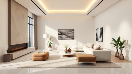 Modern living room with fireplace and contemporary art