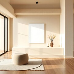 Modern minimalist living room with natural light and textured accents