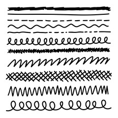 Set of artistic pen brushes. Hand drawn grunge strokes. Doodle lines, various dividers for web sites. Vector illustration