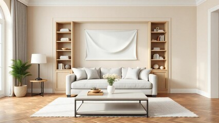 Serene living room with built in shelving and comfortable sofa