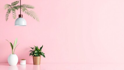 Minimalist interior with plants and a modern pendant light on a pink background