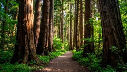 Fototapeta premium Enchanting path through a vibrant forest of towering trees illuminated by soft light