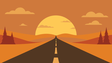Open road leading towards a warm sunset over rolling hills