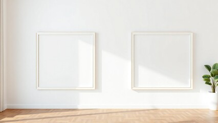 Minimalist interior with two blank picture frames and a potted plant
