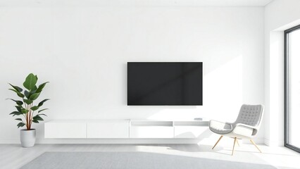 Modern minimalist living room with a television and stylish armchair
