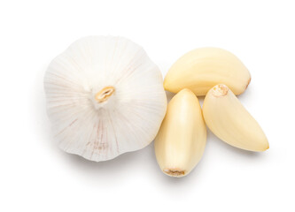 Fresh garlic and cloves on white background