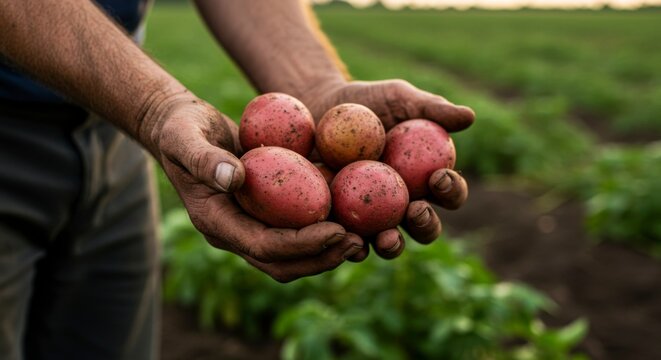 Freshly harvested red potatoes in a farmer's hands