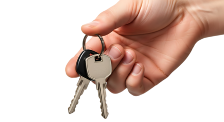 Hand holding silver and black keys isolated on a transparent background metal