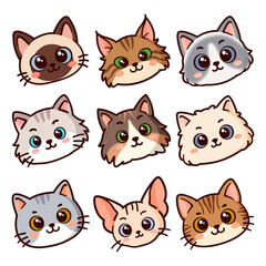 Cute Cat Faces Vector Set – Cartoon Clipart for Kids & Stickers