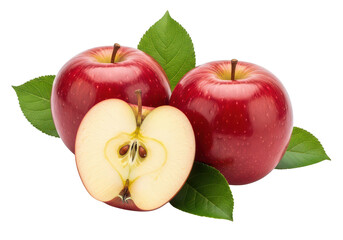 Three ripe red apples one cut in half with green leaves on fruit food