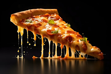 Delicious pizza slice with melted cheese and toppings, levitating
