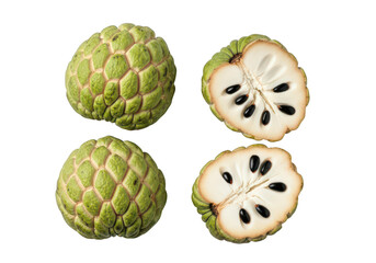 Two whole and two halved custard apples arranged on fruit green