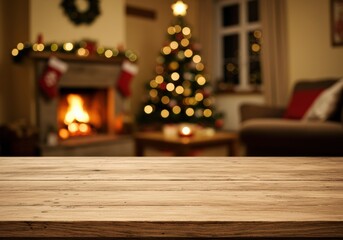 Christmas scene with a cozy fireplace, adorned tree, and wooden table in the foreground.