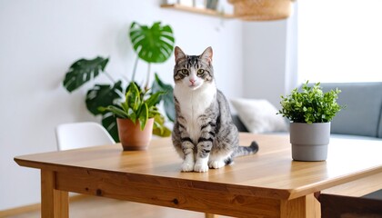 Cat on a table amidst plants