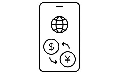 外貨送金するスマホアプリのシンプルな線画アイコン、白黒