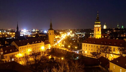 Prague Nightscape Illuminated City Lights with Iconic Towers and Skyline Panorama.