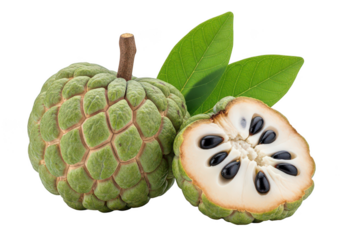 Whole and halved ripe custard apple annona squamosa with green leaves fruit