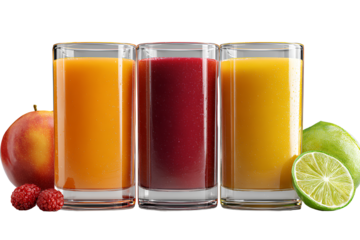  Minimalist Arrangement of Three Fruit Juice Glasses with Matching Fruits Beside Each Front Centered View Isolated on Transparent Background PNG