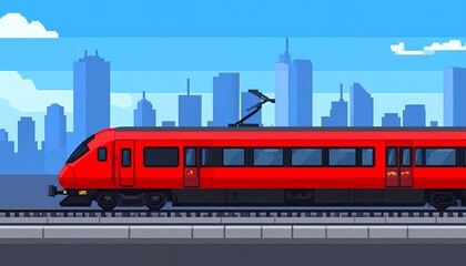 Red Train Speeding Through Cityscape Pixel Art Travel and Transportation.