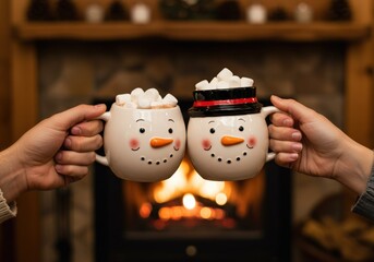 Warm hot chocolate snowman mugs in front of a fireplace for a cozy winter moment.