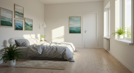 Bright bedroom scene with a bed, artwork, plants, and natural light streaming through a window