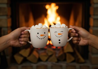 Two snowman mugs with hot chocolate and marshmallows near the fireplace, creating a warm and inviting scene.