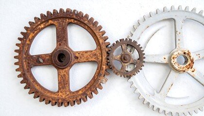 Rusty and White Gears Interlocking on White Background with Concept of Teamwork.